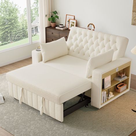 Schlafsofa 140x137x84 cm Beige Chenille mit Schlaffunktion, Stauraumarmlehnen, USB und Getränkehalter (1/5)