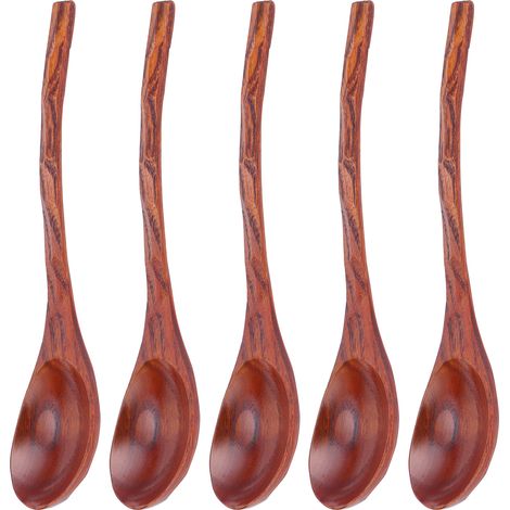 Lot de 5 cuillères à soupe japonaises en bois à long manche - Ustensiles de cuisine et de table (1/5)