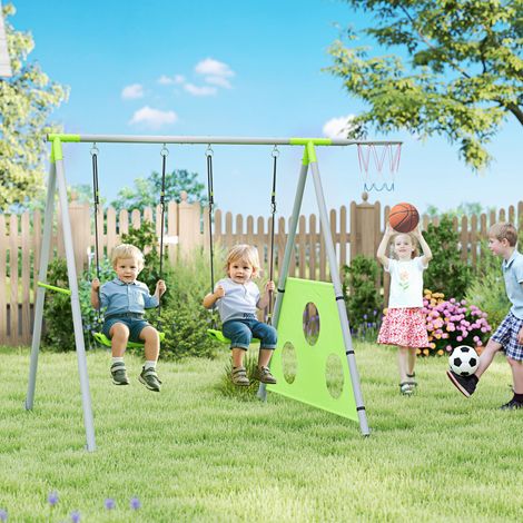 Jouet de plein air - Balançoire 3-en-1 3-8 ans, balançoire, panier basket et but football, cadre métal A, extérieur, charge 90 kg