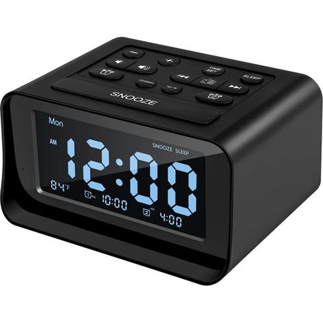 Radio-réveil avec double alarme, réveil numérique avec 2 ports de charge USB, intensité variable 0-100 %, minuterie de sommeil FM, 6 sonneries, volume réglable, thermomètre d'ambiance, fonction Snooze (1/4)