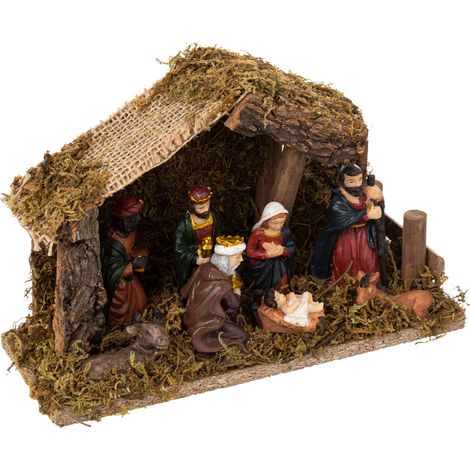 Fééric Lights And Christmas – Crèche de Noël traditionnelle en résine et bois – 20x13 cm – 5 micro-LED intégrées – Décoration intérieure compacte