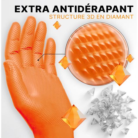 Lot de 100 gants en nitrile taille L orange [double épaisseur et texture diamant], gants jetables en nitrile pour ateliers, industrie et assemblage (1/5)
