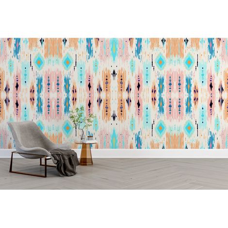 Papier peint géométrique - motifs ethniques turquoise et orange - 500 x 270 cm (1/2)
