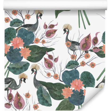 Papel pintado de grullas entre flores para salón y dormitorio, 50x1000 cm. (1/5)