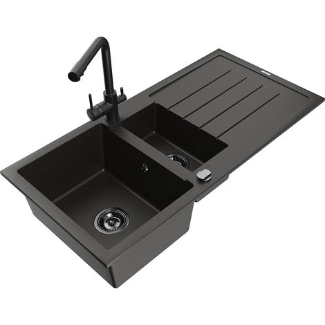 Mexen Andres fregadero de granito de 1,5 cubetas con escurridor y grifo de cocina Duero, negro/dorado - 6515-75-671600-70-B (1/5)