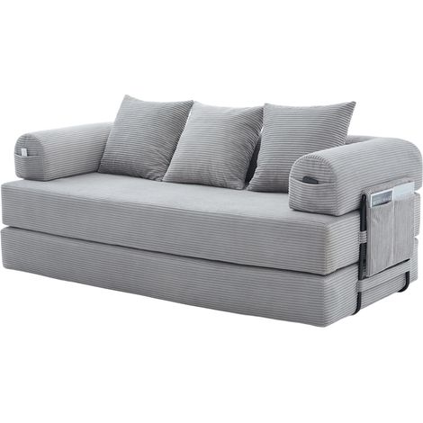 Canapé compressé pliable avec cadre en métal robuste, poches latérales et 3 coussins. Aménagements lounge personnalisables à volonté. Combinaison moderne métal-tissu, idéale pour le salon. Gris clair