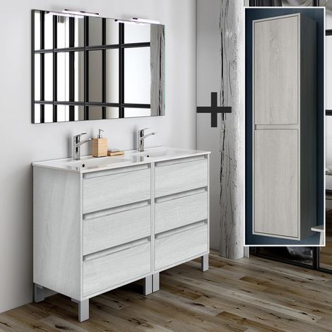 Ensemble meuble de salle de bain 120cm double vasque + colonne de rangement - hibernian (bois blanchi) - TIRIS 3C (1/5)