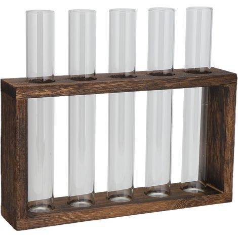 Vase tubulaire en verre de table, verre borosilicate haute densité, cadre en pin, style rétro, pour plantes hydroponiques, décoration intérieure, 5 bouteilles (1/5)