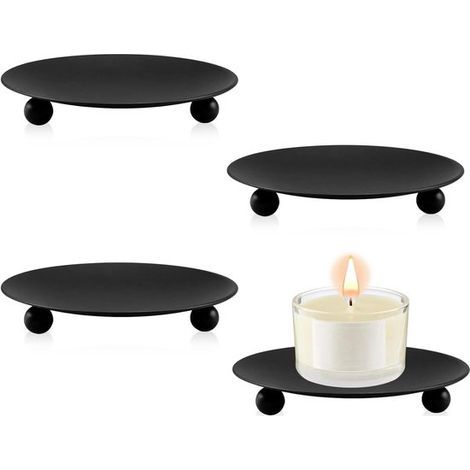 Longziming - Ensemble de 4 chandeliers en métal – bougeoirs ronds rétro pour bougies piliers – élégant support en fer – noir (1/5)