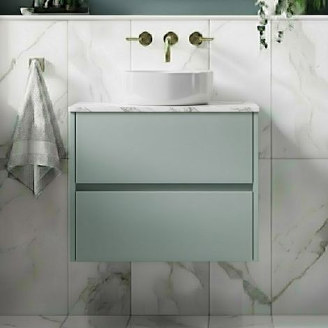 Havana Wall Hung 2-Drawer Vanity Unit with Carrera Marble Worktop 600mm Wide - Coastal Grey