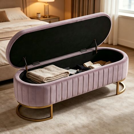 Sofá cama de terciopelo con espacio de almacenamiento, 130 cm - Patas de metal dorado - Banco/cajonera tapizada con espacio de almacenamiento para dormitorio, recibidor o sala de estar. (1/5)