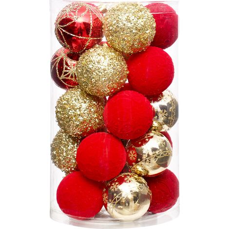 Juego de 25 adornos navideños burdeos y dorados (6 cm), texturas variadas en un tubo transparente. (1/5)