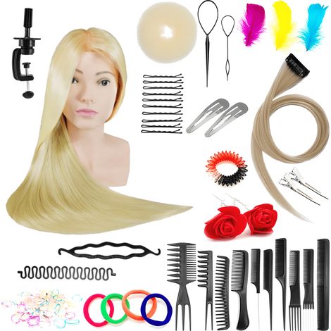 Conjunto de cabeza de entrenamiento Ula 80 rubia, cabello sintético + 80 accesorios + soporte, equipo de peluquería para peinar, cabeza de entrenamiento (1/5)