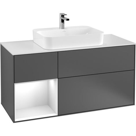 Finion, Muebles de baño, 1200 x 603 x 501 mm, Angular, con estantería (iluminada), modelo suspendido, En madera, lavabo en el medio, iluminación LED, 1x LED / 2.3W, 2700 K a 6480 K, Lacado Blanco Bril