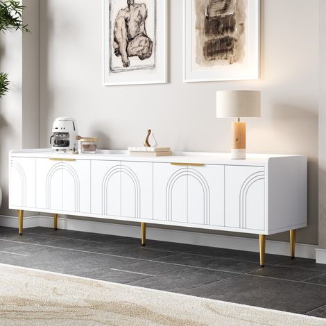 Meuble TV blanc 170 x 35 x 47,5 cm en MDF, portes sculptées, poignées et pieds dorés (1/5)