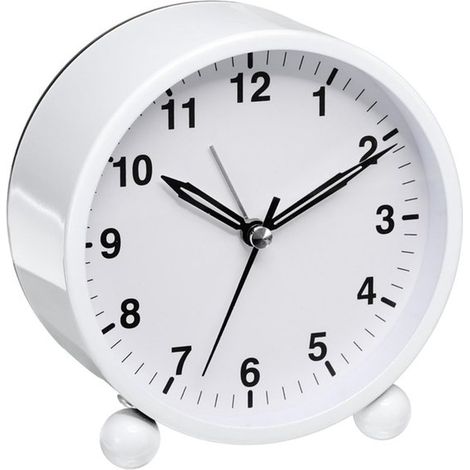 Réveil à piles - Réveil silencieux - Avec veilleuse - Réveil de bureau pour étudier - Horloge à quartz analogique - Réveil de chevet - Blanc - Boîtier en métal blanc (1/5)