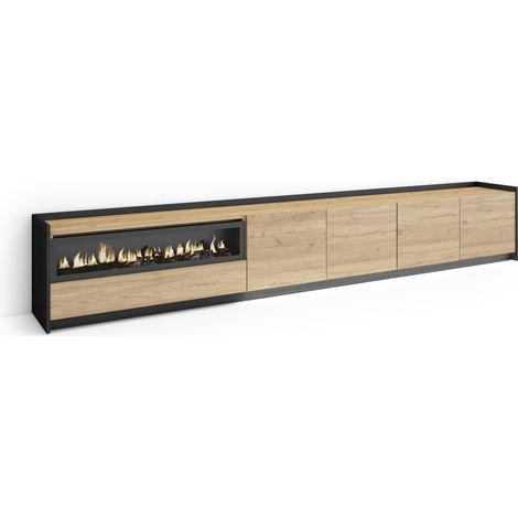 Skraut Home - Mueble TV, Televisión, Muebles de salón, almacenaje, 310x37x50cm, Para TV hasta 80", Chimenea eléctrica, LED, Estilo Moderno, Roble y negro (1/5)