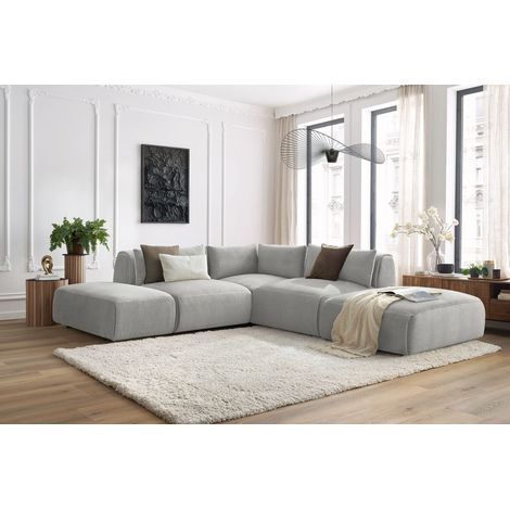 BOBOCHIC - Canapé d'angle fixe modulable JEANNE tissu velours avec 2 chauffeuses, 1 angle et 2 poufs Réversible  Gris clair (1/5)