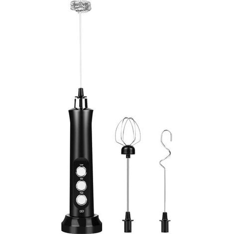 Electric Milk Frother - Handheld Blender Series - 3-in-1 Foaming Stick - Rechargeable Kitchen Blender - For Cappuccino, Hot Chocolate, and Pasta - Black