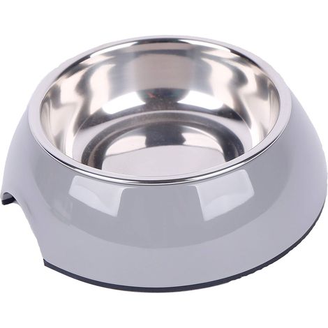 Gamelle pour Chien et Chat - Diamètre : 22 cm - Hauteur : 6 cm - 700 ML - Mélamine - Acier Inoxydable et Caoutchouc - Gris