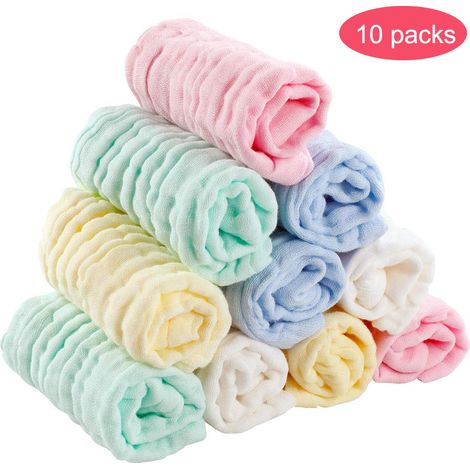Lot de 10 lingettes en coton réutilisables pour bébé, serviettes douces en mousseline de coton pour nouveau-né. (1/5)