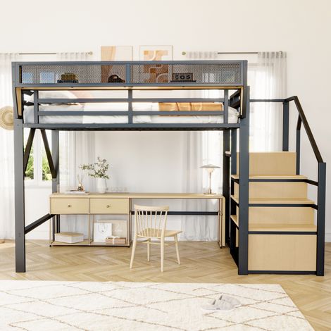 Lit mezzanine 140x200 cm, structure en acier noir, avec échelle sécurisée et espace de stockage modulable, couchage adulte, sommier superposé pour enfant, robuste et pratique (1/5)