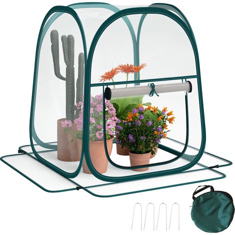 Outsunny mini invernadero plegable pop-up, invernadero exterior transparente con puerta enrollable y cubierta de plástico, 70x70x80 cm, transparente (1/5)