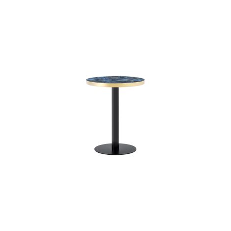 Mesa auxiliar redonda moderna de MDF efecto mármol azul con borde dorado y metal negro y oro (1/5)