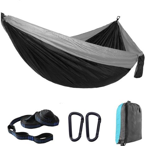 Hamac Jardin Exterieur Voyage Ultra-léger Double Couche Durable en Parachute Nylon Max Payload 300KG270x140cm 2 Mousquetons2 SanglesHamac de Camping Randonnée Trekking (Gris)-Fei Yu (1/2)