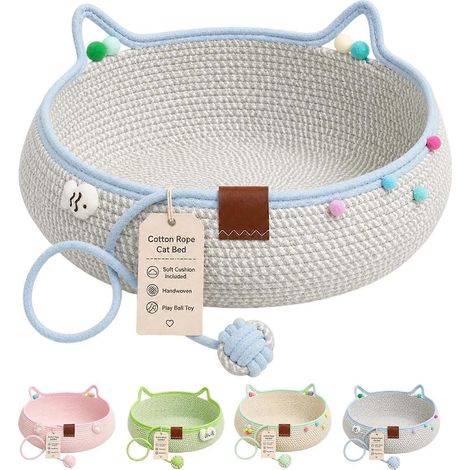 Panier pour chat grand bleu en corde de coton tressée à la main avec coussin balle suspendue et oreilles de chat respirant (1/5)