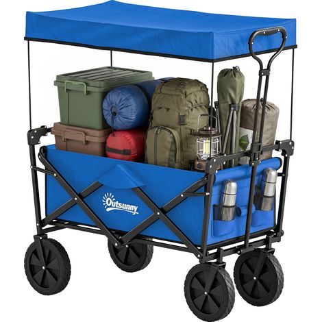 Chariot pliant avec auvent amovible, poignée réglable en longueur et en angle, sac de transport inclus, capacité de charge de 100 kg, bleu (1/5)
