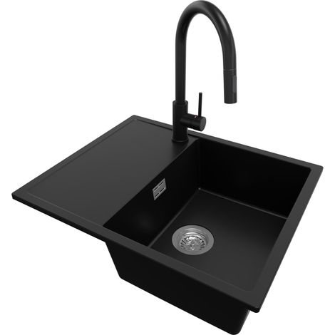 PRIMAGRAN Evier Cuisine en Granit 62x50cm, Lavabo 1 bac + Robinet 40x20cm + Kit de Vidage, Évier à Encastrer au meuble 45cm - Ibiza, Noir (1/5)