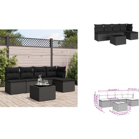 6-tlg. Garten-Sofagarnitur mit Kissen Schwarz Poly Rattan - Gartenmöbel Set - PE-Rattan Möbel - Outdoor Sofa - Esstisch Set - Lounge Garnitur (1/3)