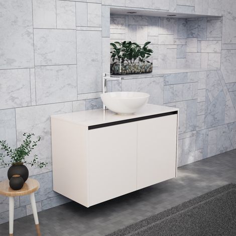 Inda - Badezimmerschrank B.100 mit Aufsatzwaschbecken / Hochglanzweiß 2 Türen - Saphir (1/5)