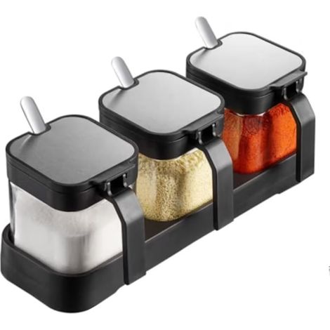 Ensemble de 3 bocaux de rangement en verre, 250 ml, avec couvercles, transparents et noirs, pour l'organisation de la maison dans la cuisine et sur le plan de travail.-AquaForge (1/5)