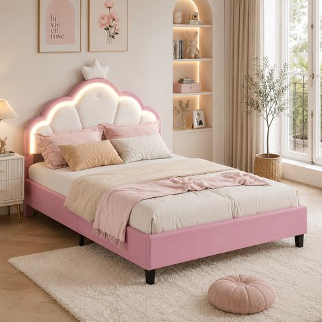 Lit enfant 90x190 cm,Lit simple avec LED,tête de lit Couronne et réglable en Hauteur,Cadre de lit d'Enfant et d'Ado,Sommier à lattes,Style scandinave blanc/rose,Velours