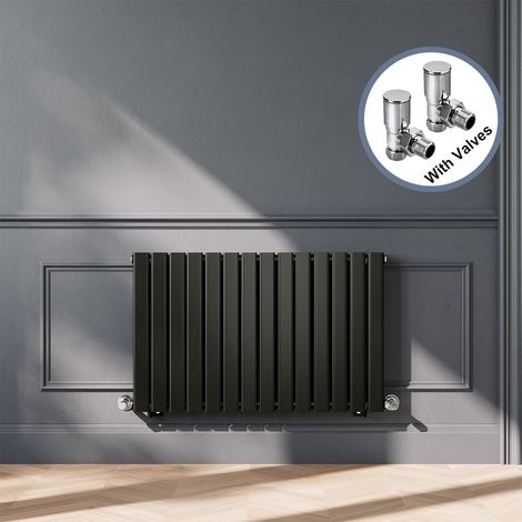 ELEGANT Designer Black Horizontal Radiator 600 x 952mm Double Panel Flat Panel Rads with Chrome Angled Radiator Valves (1/5)