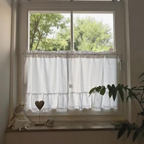 Rideaux Blancs Semi-Transparents Rideaux de Salon avec Dentelle Rideaux Courts de Style Cottage Rideaux de fenêtre H90 x L65 cm - 2 pièces (1/5)