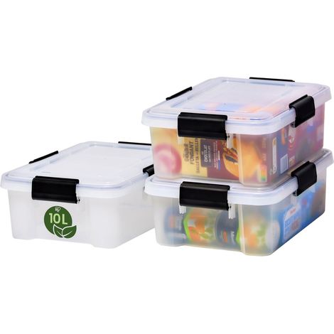 Boite Rangement Hermétique, 10L, Lot de 3, Transparent, Couvercle avec Joint Etanche, 4 Clips de Fermeture, Empilable, Plastique Recyclé, pour Exterieur, Garage, Vetement, Sans BPA, AT-S (1/5)
