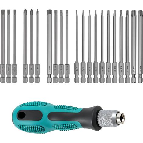 22pcs Embout Visseuse Long 100 mm avec Embout Visseuse Aimanté Torx T6-T40, Hex, Ph2 et Plats, 1/4" Hex Tige, Comprend une Poignée de 1/4" (1/5)