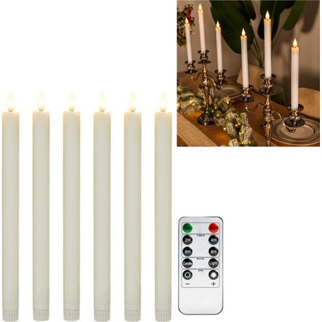 Paquete de 6 velas cónicas sin llama color marfil - Control remoto de 10 botones, cera real, luz cálida - Velas LED para alféizar - Velas decorativas con mecha 3D - 21 x 165 cm - Ideales para Navidad, (1/4)