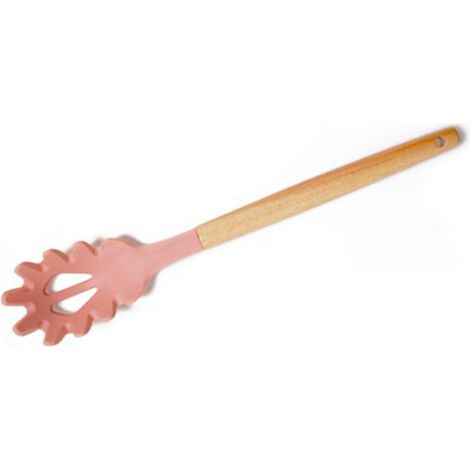 Cuillère à pâtes en silicone avec manche en bois rose, résistante à la chaleur et offrant une prise en main confortable, idéale pour les nouilles. (1/5)