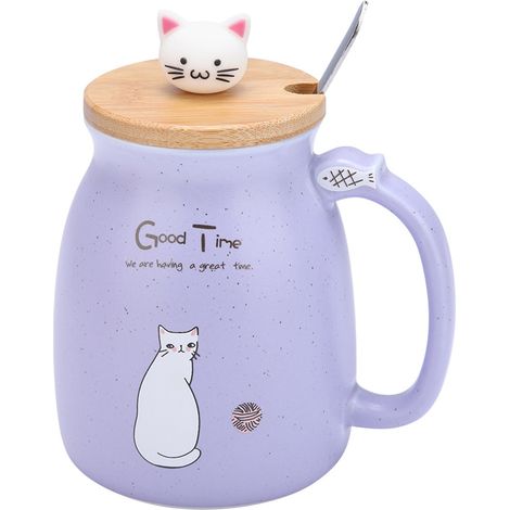 1Pc Mignon Mug en Céramique Chat avec Cuillère et Couvercle pour Café Lait Eau Idée Cadeau (Rose) (1/5)