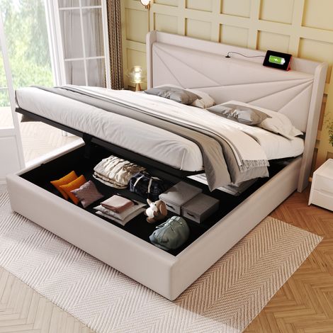 Lit rembourré double, lit jeune 180x200cm, lit coffre avec USB Type C, avec sommier à lattes, en tissu, beige(sans matelas) (1/5)