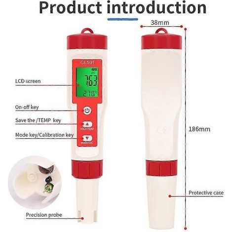 Testeur chlore pH 5 en 1 pour l'eau - CL2, température, H2 et ORP pour piscine (1/5)