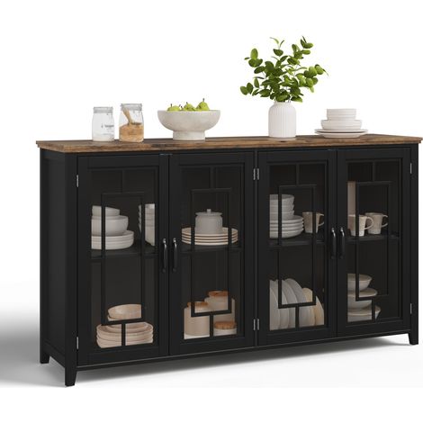 Buffet de cuisine 160 cm noir avec portes en verre, grand espace de rangement, plateau aspect bois et dispositif anti-basculement pour salon ou salle à manger  CHICFURN (1/5)