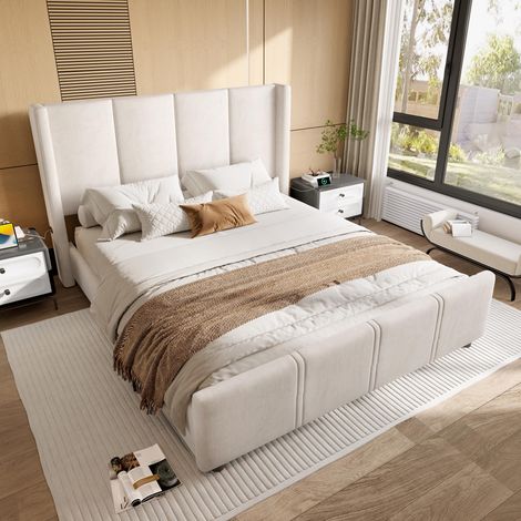 Lit capitonné élégant et moderne de 160 x 200 cm, tête et pied de lit hauts, port USB certifié, structure en fer et bois, stable et durable, beige