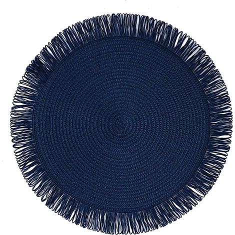 Lot de 4 sets de table ronds en paille de papier tissé avec pompons Bleu marine 38 cm'Bleu Marine'Bleu Marine'- (1/2)