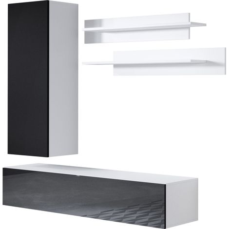 Ensemble de Meubles TV Mur de Rangement Meuble salon Suspendu Modèle Luke 4C Blanc et Noir Finition brillante