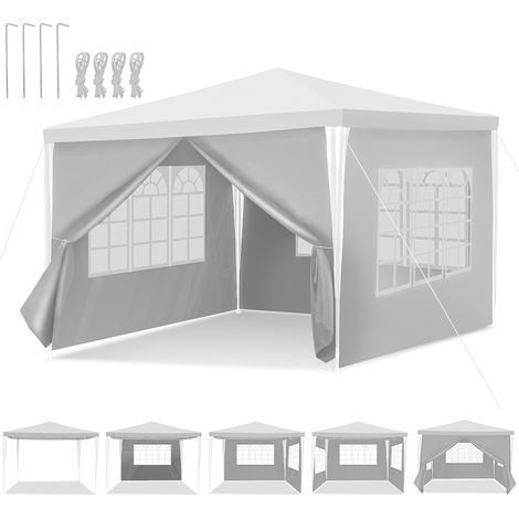 Jiubiaz Tonnella 3x3 m con 4 teli laterali rimovibili e 3 finestre decorative, gazebo da giardino facile da installare, Bianco